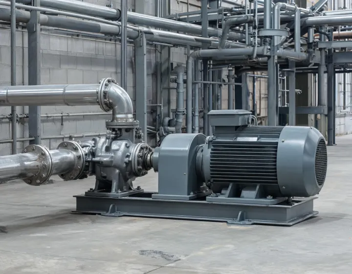 Centrifugal pump on a process skid with suction and discharge piping visible